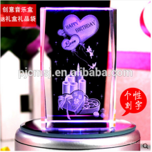 2016 Colorful LED Base 3D Laser Engraved Crystal Cube With Rose For Gifts